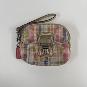 Coach Plaid Multicolor Gold Trim Wristlet Pouch Bag 6x4 Pink Interior